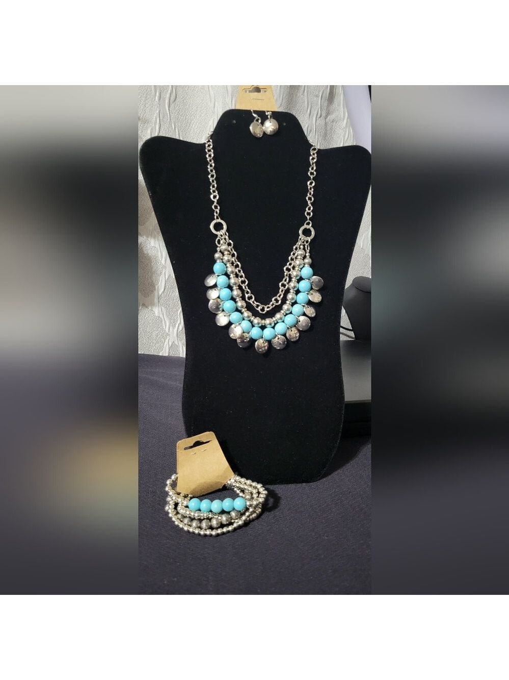 Silver & Turquoise Multi-Layer Beaded Necklace Set w/Bracelet (#9)